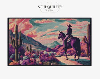 southwestern Desert Cowboy Landscape TV Art, Mountain Landscape Rustic Scene Painting for Home or Office Decor, Digital Download
