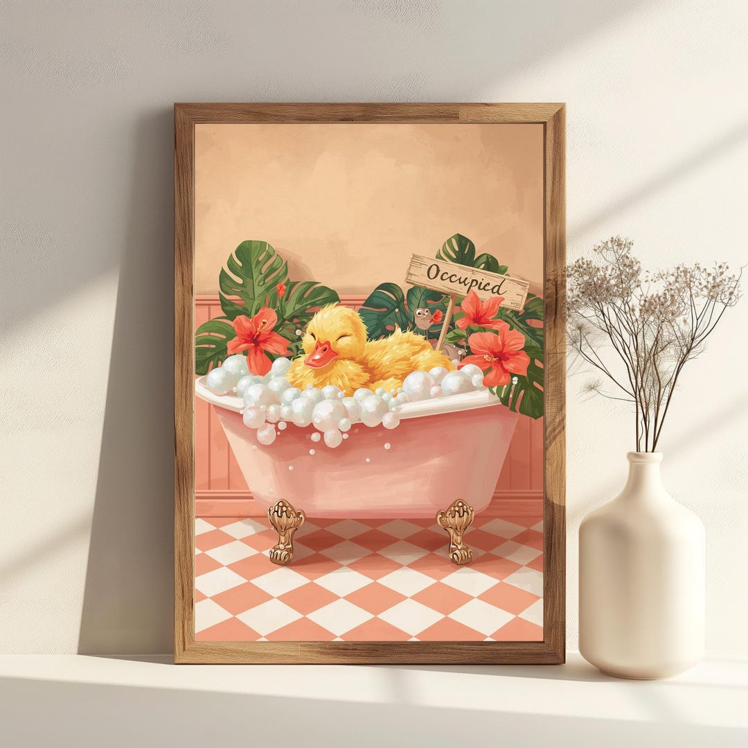 Pink Bathtub Printable Wall Art, Duck Bubble Bath Decor, Bathroom ...