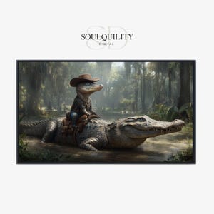 Könnte beinhalten: Digitaldruck mit einem Alligator in Cowboy-Kleidung, der auf einem größeren Alligator in einem Sumpf reitet. Das Kunstwerk hat einen Vintage-Stil und weiche Farben. Das Bild ist in einem Sumpf mit Bäumen im Hintergrund angesiedelt.