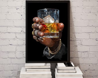 black man art, Whiskey Glass Art Print, Black Background Bar Decor, Masculine Home Wall Artwork, digital download