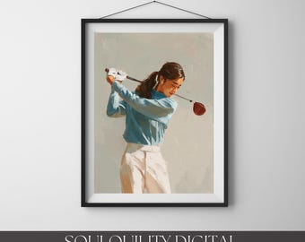 Female Golfer Wall Art, golf gifts, golf decor, golf art, women golf, Golf Illustration, Neutral Blue Sports Decor Gift, digital download