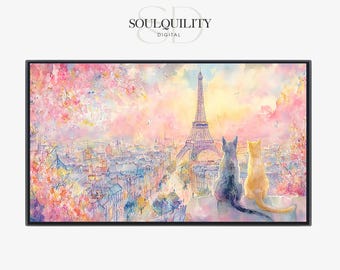 Paris Cats Watercolor Wall Art Print, Romantic Cat Lovers Decor, Eiffel Tower Painting, Pastel Home Gift, digital download