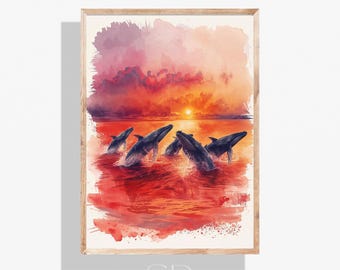 Whale wall Art, Humpback Ocean Scene Digital Art, Tropical Coastal Marine Wildlife art, whale art print, printable art, Digital Download,