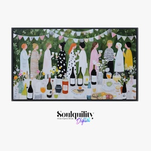 Puede incluir: Una impresión artística enmarcada que representa una escena de fiesta en el jardín. Personas con varios atuendos se reúnen alrededor de una mesa llena de comida y bebidas, brindando con copas. También hay botellas de vino y arreglos florales sobre la mesa.