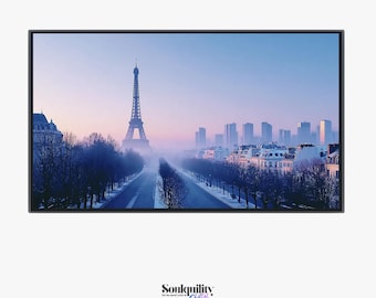 Paris Winter Frame TV Art | Misty Eiffel Tower Dawn Digital Download | Blue Paris Skyline Wall Art | Samsung Frame TV