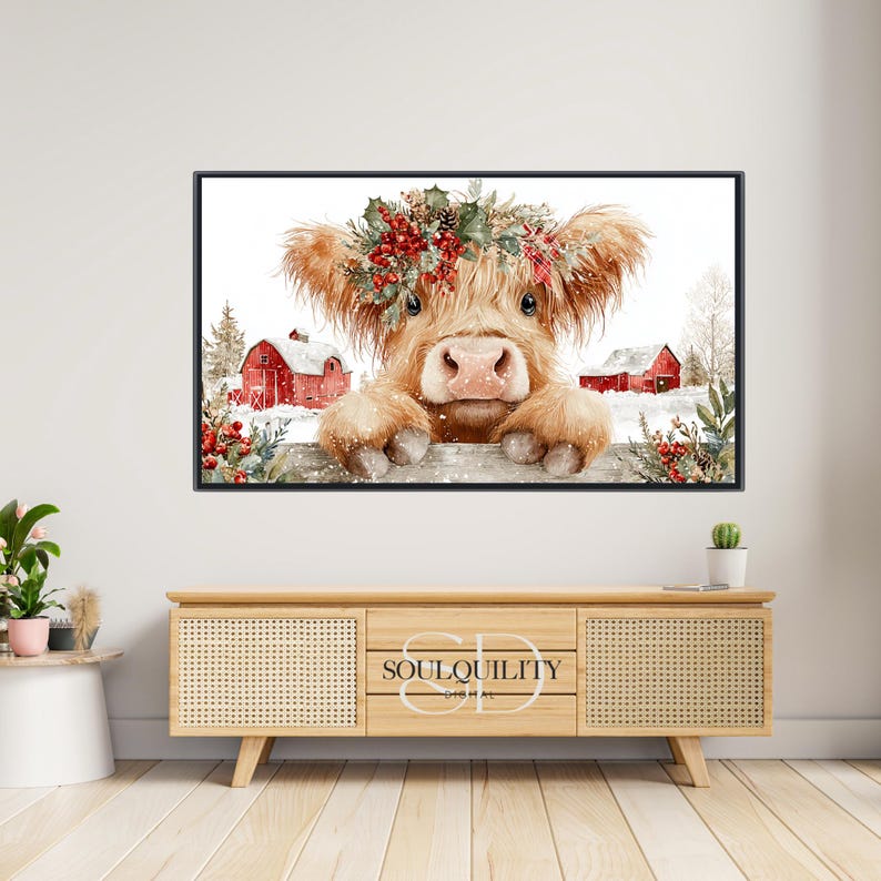 Framed TV Art Highland Cow Christmas, Winter Barn TV Display, Holiday ...
