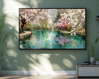 Spring Blossom Frame TV Art | Cherry Blossom Garden Lake Digital Download | Impressionist Floral Wall Art | Samsung Frame TV