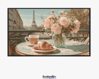 Paris Café Frame TV Art | Croissant Coffee Eiffel Tower Digital Download | French Breakfast Wall Art | Samsung Frame TV