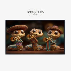 May include: Digital art print featuring three cartoon-style lizard musicians wearing sombreros and playing trumpets. Each lizard is dressed in colorful, patterned clothing. The image has a warm, inviting color palette.