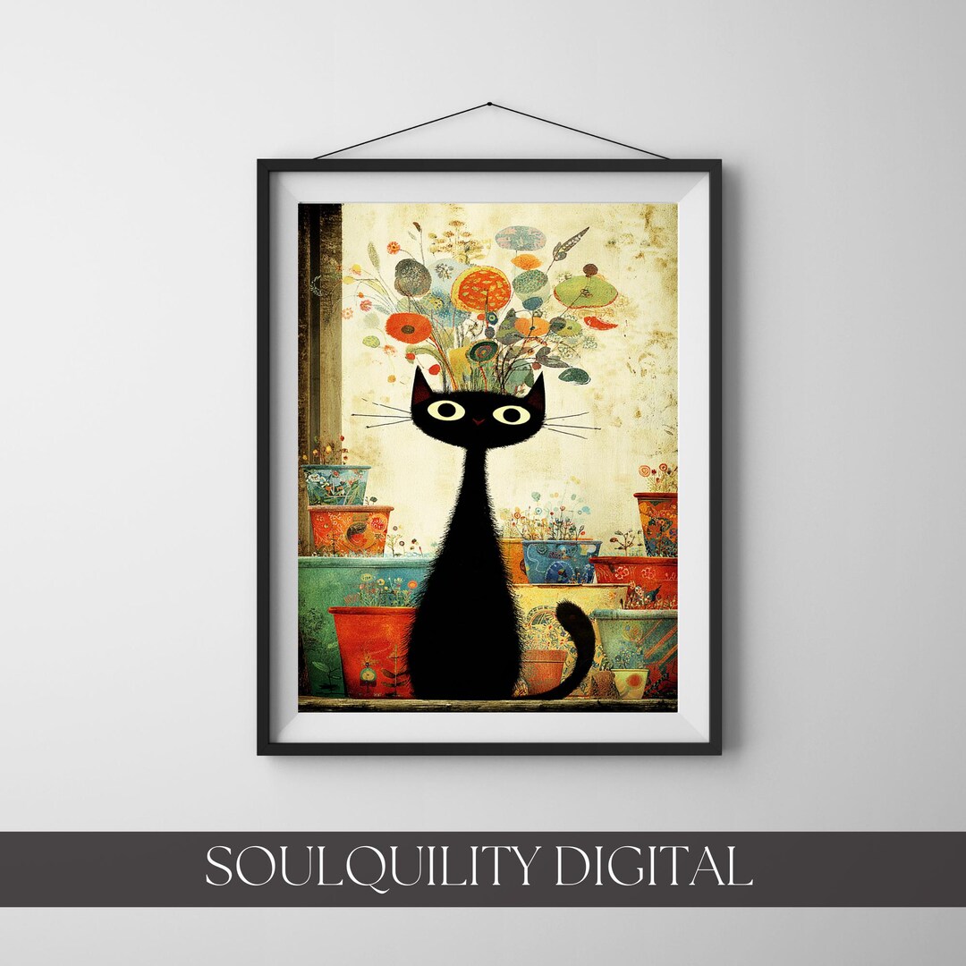 Black Cat Floral Wall Art Print, Whimsical Botanical Illustration Decor ...