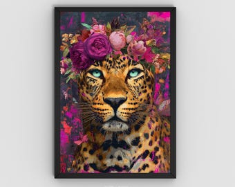 Impression d'art floral léopard, affiche murale animal de la jungle audacieuse, décoration bohème rose vif, téléchargement numérique