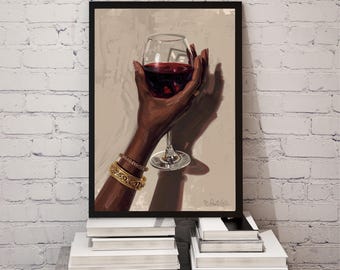 Black Woman Holding Elegant Glass Printable Wall Art, Trendy African American Aesthetic Poster, Afrocentric Home Decor, instant Download