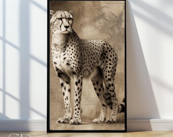 Cheetah wall art, safari animal decor, vintage cheetah illustration, wildlife poster, big cat wall art, digital download print