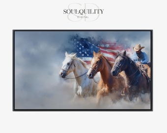 Patriotic Cowboy Wall Art, American Flag Western Artwork, Cowboy Horse Scene, USA Western Decor, Framed TV Art, Digital Download