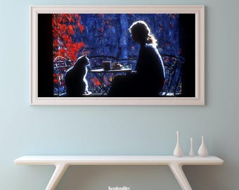 Cat and Woman Frame TV Art | Moody Blue Night Scene Red Poppy Digital Download | Silhouette Cat Wall Art | Samsung Frame TV