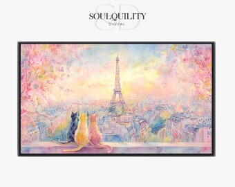 Paris Cats Watercolor Wall Art Print, Romantic Cat Lovers Decor, Eiffel Tower Painting, Pastel Home Gift, digital download