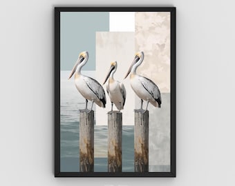 Pelican Printable Wall Art, Coastal Painting for Beach House Decor, Serene Ocean Aesthetic Bird Lover Poster, Digital Download