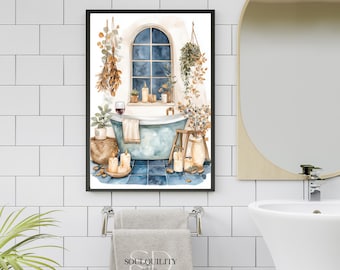 Cozy Bathroom Wall Art, Rustic Bathtub Print, Candle and Wine Decor, Relaxing Spa Printable Poster, Book Lover, Digital Download
