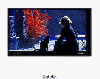 Cat and Woman Frame TV Art | Moody Blue Night Scene Red Poppy Digital Download | Silhouette Cat Wall Art | Samsung Frame TV