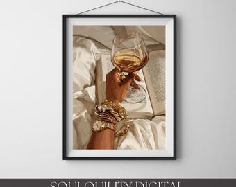 Black Woman Holding Elegant Glass Printable Wall Art, Luxury African American Aesthetic Decor, Trendy Afrocentric Poster, Digital Download