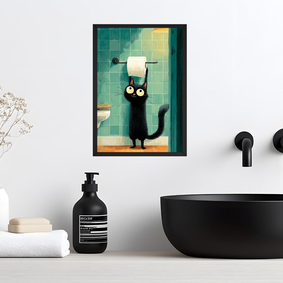 Funny Cat Bathroom Wall Art, Black Cat Toilet Paper Print, Quirky ...