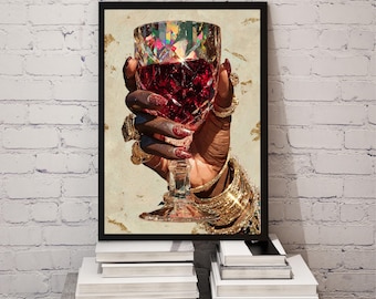 Black Woman Holding Elegant Glass Printable Wall Art, Trendy African American Aesthetic Poster, Afrocentric Home Decor, instant Download