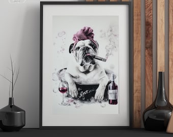 May include: Framed art print featuring a bulldog in a tub, wearing a pink towel and smoking a cigar. A glass of red wine and a bottle of wine are also in the image. The tub has the text "Jett" on it.