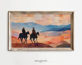 southwestern Cowboys on Horseback TV Art, Western Sunset Landscape Artwork, Digital Download