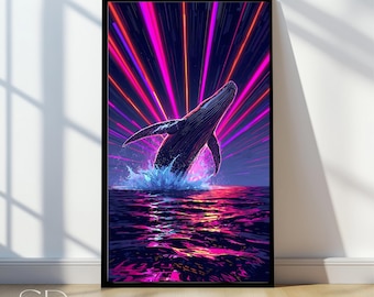 Whale wall Art, Humpback Ocean Scene Digital Art, Tropical Coastal Marine Wildlife art, whale art print, printable art, Digital Download,