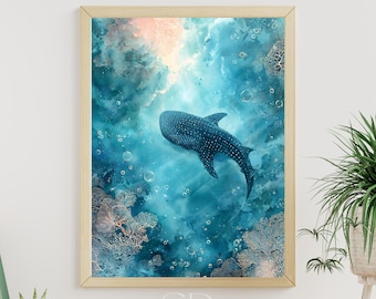 Whale Shark Printable Wall Art, Marine Life Poster, Sea Animals Underwater Photography Decor, Vacation Beach House Print, Digital Download