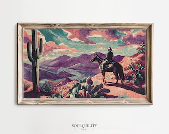 southwestern Desert Cowboy Landscape TV Art, Mountain Landscape Rustic Scene Painting for Home or Office Decor, Digital Download