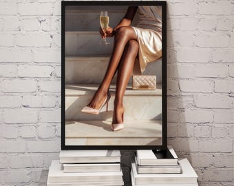 Black Woman holding elegant glass Wall Art Print, Luxury Fashion Aesthetic, Elegant Neutral Decor, digital download