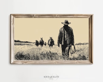 Western Cowboy Herding Horses Art, Ranch Life Illustration, Cowboy Landscape Wall Art, Western Farm Decor, Framed TV Art, Digital Download