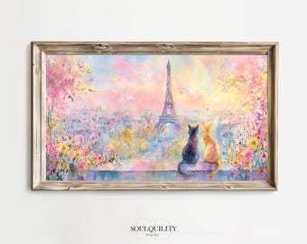 Paris Cats Watercolor Wall Art Print, Romantic Cat Lovers Decor, Eiffel Tower Painting, Pastel Home Gift, digital download