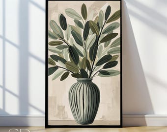 Olive Branch in Vase Art Print, Minimalist Boho Wall Decor, Neutral Abstract Botanical Artwork, Digital Download