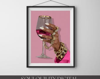Black Woman Wine Wall Art Print, Pink Luxury Illustration, Feminine Fashion Decor, digital download
