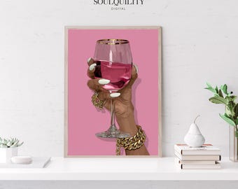 Black Woman Holding Elegant Glass Printable Wall Art, Luxury Afrocentric Trendy African American Aesthetic Home Decor, Digital Download