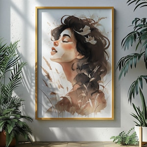 Ethereal Serenity – Watercolor Feminine Portrait, Boho Aesthetic Wall Art