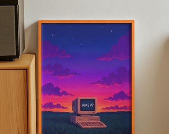 Wake Up – Retro Pixel Art Print, Vaporwave Sunset Wall Art, Vintage Computer Aesthetic | Digital Nostalgia Home Decor