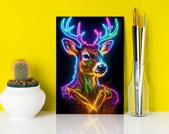 Neon Rainbow Deer Wall Art – Vibrant Abstract Stag Portrait – Psychedelic Animal Print – Modern Deer Room Decor