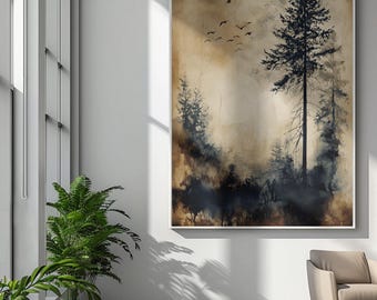 Misty Forest Watercolor Art Print - Vintage Nature Painting - Tranquil Woodland Decor - Digital Download