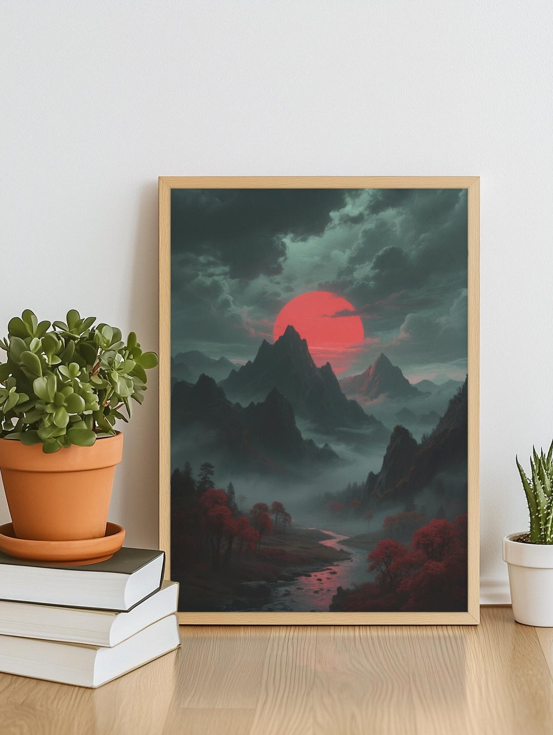 Mystical Red Sun Mountain Landscape Art Print - Digital Download, High ...