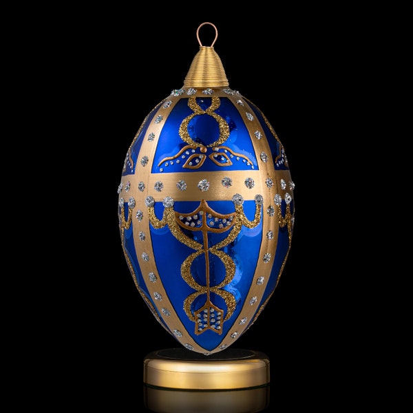 Christmas Ornaments, Blown Glass, Handmade Gift, Faberge Egg, Rosebud, Ultramarine Blue