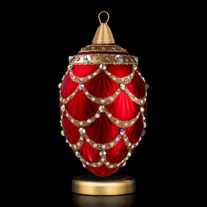 Christmas Ornaments, Blown Glass, Handmade Gift, Faberge Egg, Pine Cone, Carmine Red