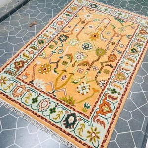 Hand-Knotted Oushak Wool Rug Mustard Gold Turkish Style Area Carpet Traditional Oriental Boho Decor by Carpet Craft Decor Vintage Oushak Rug