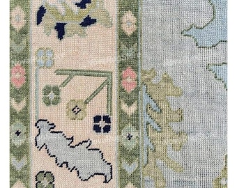 Hand-Knotted Oushak Rug in Pastel Blue, Cream & Green | Soft Wool Area Rug | Traditional Turkish Design Oushak Rug | Vintage Oushak Rug