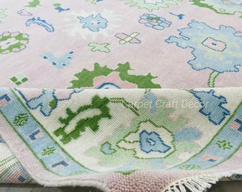 Vintage Oushak Rug 9x12, cute pink Area Rug Ivory Border, Handmade Wool Rug For Bedroom, Contemporary Turkish Rug 8x10 Rug for Living Room