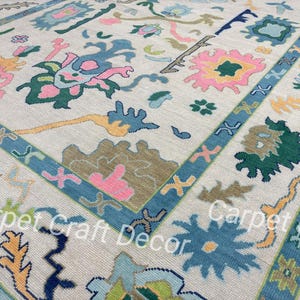 Beautiful Oushak Rug Tuscan Ivory Teal Turkish Oushak made in 100% Wool natural dying Area Rug Living Room, Bed Room, Any Room Quick Ship