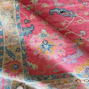 Hand knotted Oushak Rug 8x10 Dark Pink Oushak Rug | Hand knotted Turkish-Style Wool Rug | Vintage Oushak Rug for Living Room, Nursery, Hall