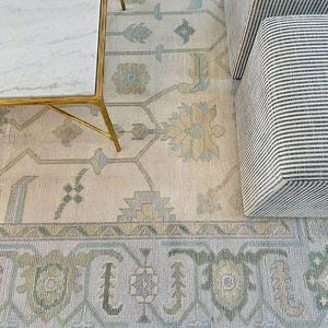 Vintage Oushak Rug 9x12, cute Green Area Rug Pink Border, Hand Knot Wool Rug For Bedroom, Contemporary Turkish Rug 8x10 Rug for Living Room